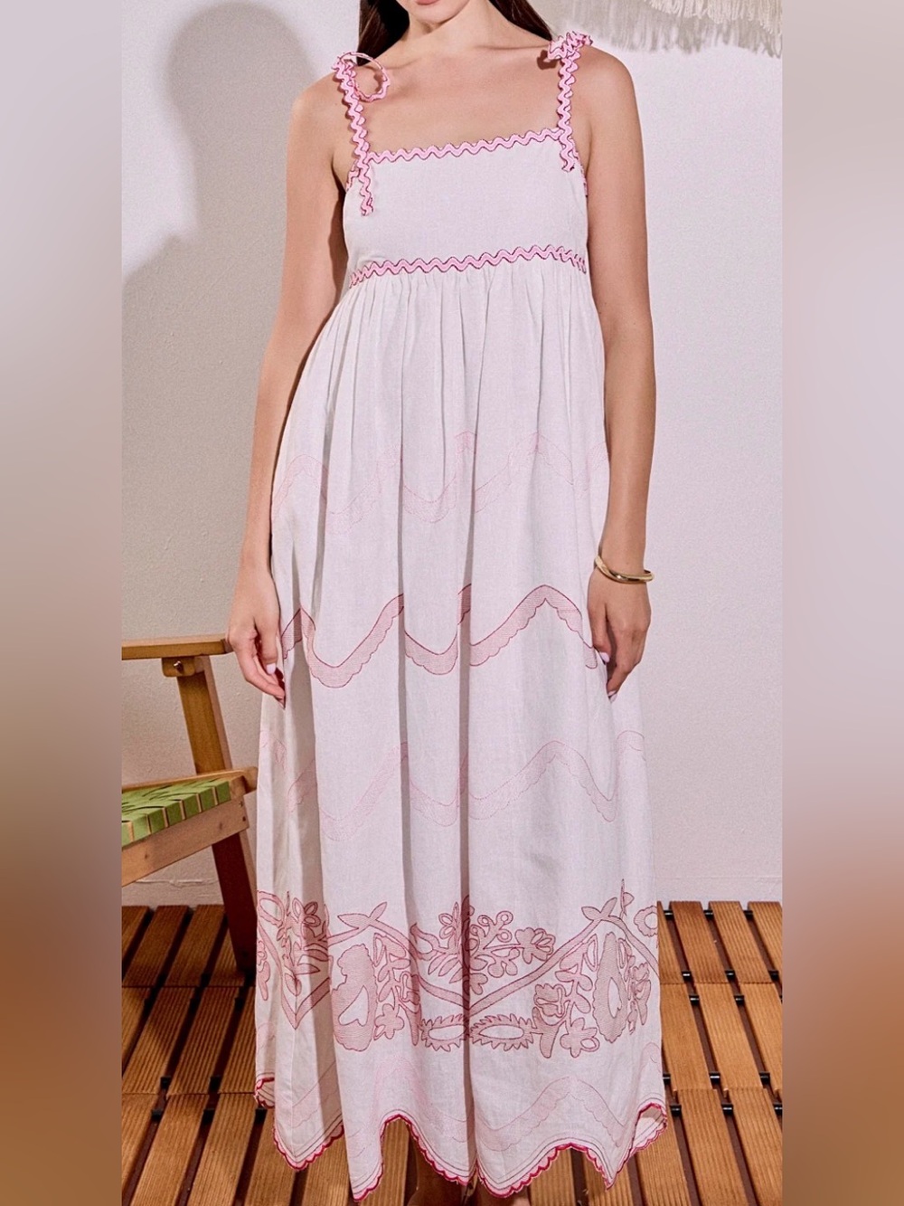 English Factory White Maxi Dress with Pink Trim and Embroidered Border